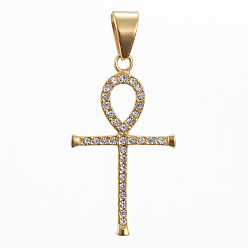 Crystal 304 Stainless Steel Pendants, with Rhinestone, Ankh Cross, Golden Tone, Crystal, 47x27x3mm, Hole: 11x8mm