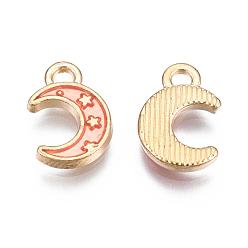Tomato Light Gold Plated Alloy Enamel Pendants, Moon with Star, Tomato, 11.5x7.5x1.5mm, Hole: 1.5mm