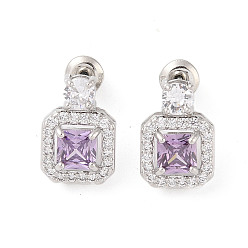 лаванда Серьги-гвоздики из латуни с микропаве из кубического циркония, долговечный, квадратный, платина, лаванда, 13.5x9.5 мм
