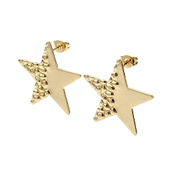 Real 18K Gold Plated Ion Plating(IP) 201 Stainless Steel Stud Earrings, with 304 Stainless Steel Pins, Textured Star, Real 18K Gold Plated, 26.5x26.5mm