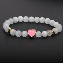 Pink heart Natural Stone Bracelet with European and American Style White Cat's Eye Beads - Love-themed Design