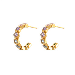 Colorful Golden Titanium Steel Ring Stud Earrings, Rhinestone Half Hoop Earrings, Colorful, 18.2mm