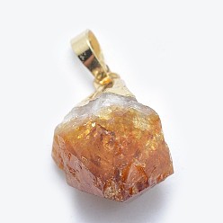 Golden Natural Citrine Pendants, with Brass Findings, Nuggets, Golden, 20~39x13~25mm, Hole: 4x6mm