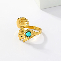 Real 18K Gold Plated Hands Hug Shape Stainless Steel Open Cuff Rings, with Synthetic Turquoise, Real 18K Gold Plated, Inner Diameter: 16~18mm