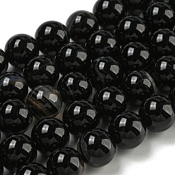 Black Natural Striped Agate/Banded Agate Beads Strands, Dyed, Round, Black, 10mm, Hole: 1mm