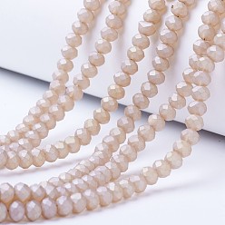 PeachPuff Electroplate Transparent Glass Beads Strands, Pearl Luster Plated, Faceted, Matte, Rondelle, PeachPuff, 10x8mm, Hole: 1mm, about 62pcs/strand, 22.05 inch(56cm)