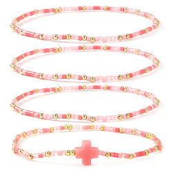 Pink 4шт. винтажные цилиндрические браслеты из бисера и латунных бусин, с пластиковым крестом, золотые, розовые