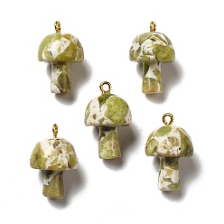 Dark Khaki Natural Quartz Pendants, Mushroom Charms, Dyed & Heated, with Golden Plated Alloy Loops and Natural Opal , Dark Khaki, 25~30x16~16.5x16~16.5mm, Hole: 1.5~2mm