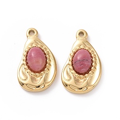 Rhodonite Natural Rhodonite Pendants, with Ion Plating(IP) Real 18K Gold Plated 304 Stainless Steel Findings, Teardrop Charm, 22x13x5mm, Hole: 1.5mm