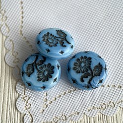 Cornflower Blue Czech Glass Beads, Flat Round with Flower of Life, Cornflower Blue, 18mm