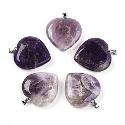 Аметист Подвески из натурального аметиста , с защелкой из нержавеющей стали на поручнях, сердце, цвет нержавеющей стали, 31x30x8 мм, отверстие : 5.5x2.5 мм
