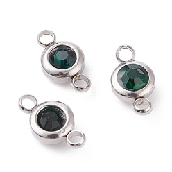Emerald 304 Stainless Steel Rhinestone Links Connectors, Flat Round, Stainless Steel Color, Emerald, 12x6.5x4mm, Hole: 2mm