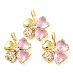 Pink Rack Plating Brass Micro Pave Cubic Zirconia Pendants, Long-Lasting Plated, Real 18K Gold Plated, Clover, Pink, 24.5x20x6.5mm, Hole: 5.5x3.7mm