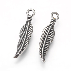 Antique Silver 316 Surgical Stainless Steel Pendants, Feather, Antique Silver, 25.5x6x2.5mm, Hole: 2mm