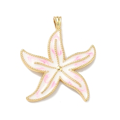Бледно-Розовый Латунь эмаль подвески, прелести морская звезда, долговечный, без кадмия и без свинца, стойки покрытие, реальный 18 k позолоченный, розовый жемчуг, 41x35x5 мм, отверстие : 3x5 мм