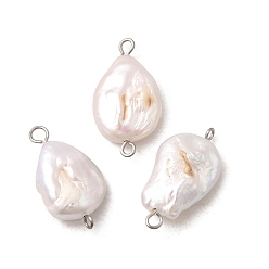 Нержавеющая Сталь Цвет Подвески-коннекторы из натурального барочного жемчуга Кеши с 304 двойными петлями из нержавеющей стали, цветочный белый, цвет нержавеющей стали, 23.5~25.5x12~13.5x5.5~7 мм, отверстие : 1.6~2.5 мм