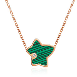 Rose Gold Natural Malachite Twist Star Pendant Necklace with Rhinestone, with Stainless Steel Chains, Rose Gold, 17.72 inch(45cm)