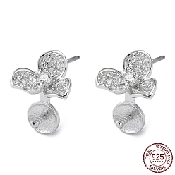 Real Platinum Plated Rhodium Plated 925 Sterling Silver Stud Earring Findings, with Micro Pave Clear Cubic Zirconia, Flower, for Half Drilled Beads, with S925 Stamp, Real Platinum Plated, 7.5x8.5mm, Pin: 11x1mm and 0.7mm