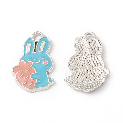 Dark Turquoise Alloy Enamel Pendants, Rabbit with Carrot Charm, Platinum, Dark Turquoise, 21x13.5x2mm, Hole: 2mm
