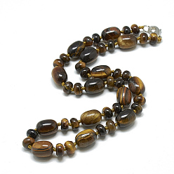 Tiger Eye Natural Tiger Eye Beaded Necklaces, with Alloy Lobster Clasps, Barrel, 18.1 inch~18.5  inch(46~47cm), Barrel: 14x10mm