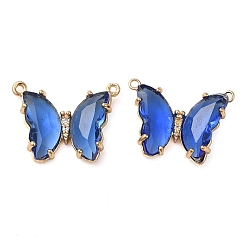 Blue Brass Pave Faceted Glass Connector Charms, Golden Tone Butterfly Links, Blue, 17.5x23x5mm, Hole: 0.9mm