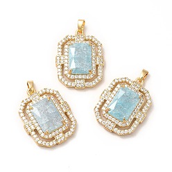 Sky Blue Rack Plating Brass & Crushed Ice Cut Cubic Zirconia Pendants, with Rhinestone, Real 14K Gold Plated, Cadmium Free & Lead Free, Rectangle, Sky Blue, 28x21x7mm, Hole: 5x2.5mm