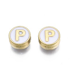 Letter P Alloy Enamel Beads, Cadmium Free & Lead Free, Light Gold, Flat Round with Alphabet, White, Letter.P, 8x4mm, Hole: 1.5mm