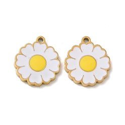 White Ion Plating(IP) 316L Surgical Stainless Steel Pendants, with Enamel, Real 18K Gold Plated, Flower Charm, White, 14x12x1.5mm, Hole: 1.2mm