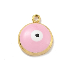 Pink Подвески из латуни с эмалью в стойку, долговечный, без свинца и без кадмия, реальный 18 k позолоченный, плоский круглый с рисунком сглаза, розовые, 15x12x3.5 мм, отверстие : 1.5 мм