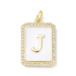 Letter J Brass Enamel Micro Pave Clear Cubic Zirconia Pendants, with Jump Ring, Real 18K Gold Plated, Rectangle Charm, Letter J, 20x13.5x2mm, Hole: 3.4mm