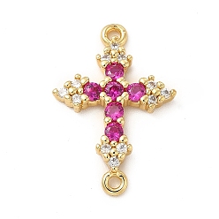 Deep Pink Eco-Friendly Rack Plating Brass Pave Cubic Zirconia Connector Charms, Lead Free & Cadmium Free, Real 18K Gold Plated, Religion Cross Links, Deep Pink, 24.5x16.5x3.5mm, Hole: 1.4~1.5mm