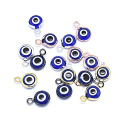 Mixed Color Handmade Evil Eye Lampwork Charms, with Brass Findings, Flat Round, Blue, Mixed Color, 10x6.5x3mm, Hole: 1.5mm