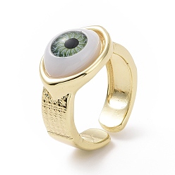 Dark Olive Green Resin Horse Eye Open Cuff Ring, Real 18K Gold Plated Brass Jewelry for Women, Cadmium Free & Lead Free, Dark Olive Green, US Size 6 3/4(17.1mm)