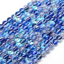 Royal Blue Synthetic Moonstone Beads Strands, Dyed, Holographic Beads, Half AB Color Plated, Round, Royal Blue, 8mm, Hole: 1mm, about 49pcs/strand, 15 inch