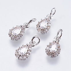 Real Platinum Plated Brass Micro Pave Cubic Zirconia Charms, Cadmium Free & Lead Free, teardrop, Real Platinum Plated, 11x6x3.5mm, Hole: 3mm