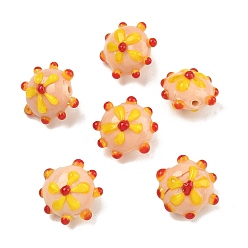 Персиковый Слойка Ручной работы ухабистым Шарики Lampwork, RONDELLE с цветочным узором, розовые, 15.5x17.5x13 мм, отверстие : 1.6 мм