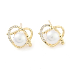 Light Gold Heart Brass with Glass Stud Earrings, with Plastic Pearl, Light Gold, 12.5x15.5mm