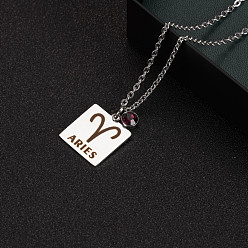 Aries Constellation Rectangle Pendant Necklace, 201 Stainless Steel Square with Rhinestone Pendant Necklace for Men Women, Aries, 17.72 inch(45cm)