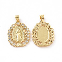 Golden Brass Micro Pave Clear Cubic Zirconia Pendants, Oval with Virgin Mary, Golden, 25.5x19x3mm, Hole: 3.5x5mm