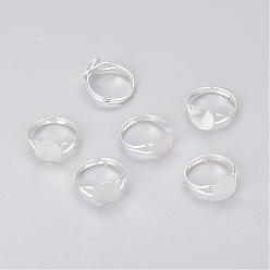 Silver Adjustable Brass Finger Ring Settings, Pad Ring Base Findings, Round, Silver Color Plated, Size: about 17mm inner diameter, Round Tray: 10mm in diameter