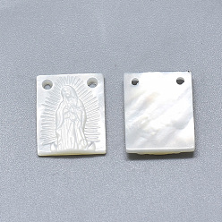 Seashell Color Natural White Shell Mother of Pearl Shell Pendants, Rectangle with Carved Virgin, Seashell Color, 15x12x2.5mm, Hole: 1.2mm