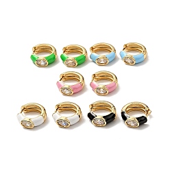 Mixed Color Clear Cubic Zirconia Oval Thick Hoop Earrings with Enamel, Real 18K Gold Plated Brass Jewelry for Women, Mixed Color, 15x16x5mm, Pin: 0.8mm