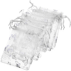 White Rectangle Printed Organza Drawstring Bags, Silver Stamping Butterfly Pattern, White, 12x10cm