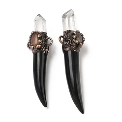 Обсидиан Подвески-коннекторы в форме меча из натурального кварца, лабрадорита и обсидиана, с латунной фурнитурой , Красная медь, 70~80x21~23x16~8 мм, отверстие : 4~5 мм