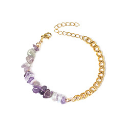 Amethyst Natural Amethyst Beaded Bracelets, with Stainless Steel Chains, 6-3/4 inch(17cm)