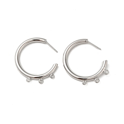 Real Platinum Plated Ring Brass Stud Earring Finding, Half Hoop Earring Finding with Loops, Real Platinum Plated, 30x33x3mm, Hole: 1.8mm, Pin: 10x0.8mm