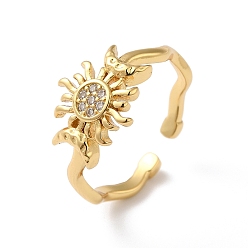 Chapado en Oro Real 18K Anillos de puño de latón con micro pavé de circonitas cúbicas sol y luna, anillo abierto chapado de larga duración para mujer, sin plomo y cadmio, real 18 k chapado en oro, tamaño de EE. UU. 7 1/4 (17.5 mm), 3 mm