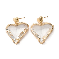 Light Gold Brass Dangle Stud Earrings, Glass Heart Drop Earrings, Light Gold, 35x26mm