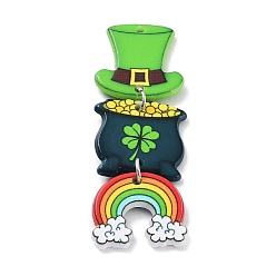 Colorful Saint Patrick's Day Theme Acrylic Big Pendants, with Iron Finding, Hat Clover with Rainbow, Colorful, 60x21x2.5mm, Hole: 1.8mm