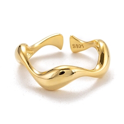Golden 925 Sterling Silver Cuff Rings, Open Rings, with 925 Stamp, Wave, Golden, Inner Diameter: 16mm